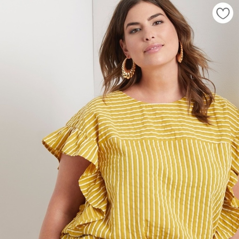 ELOQUII-Plus Size Mustard Yellow Striped Bow Back Ruffle Blouse